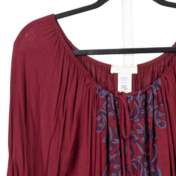 Pretty Good Peasant Blouse L Womens NEW Burgundy Boho Blue Paisley 3/4 Sleeves - Picture 2 of 6